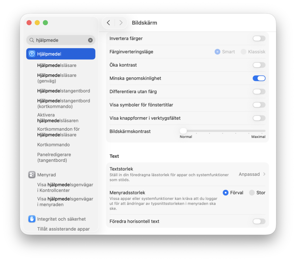 Minska genomskinlighet i Inställningar