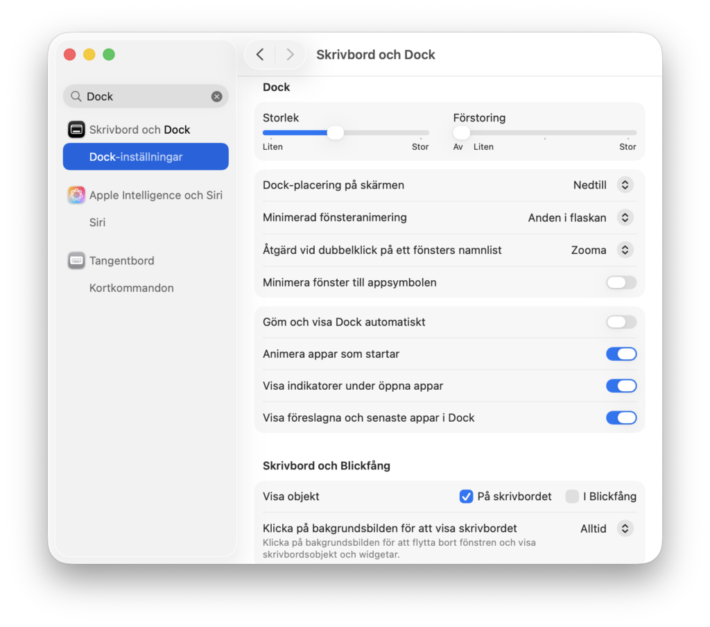Dock i Systeminställningar