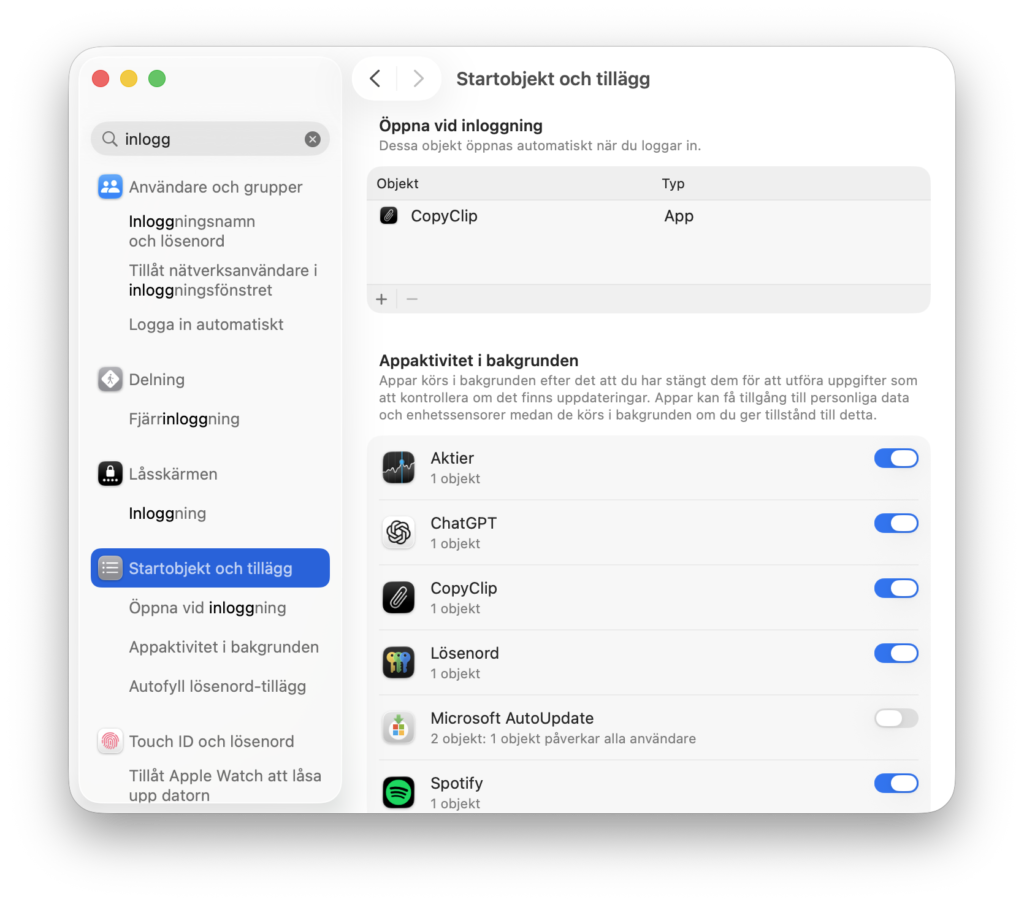 Startobjekt och tillägg i Inställningar