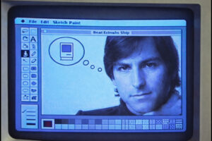 Steve Jobs ansikte på en Macintosh-skärm